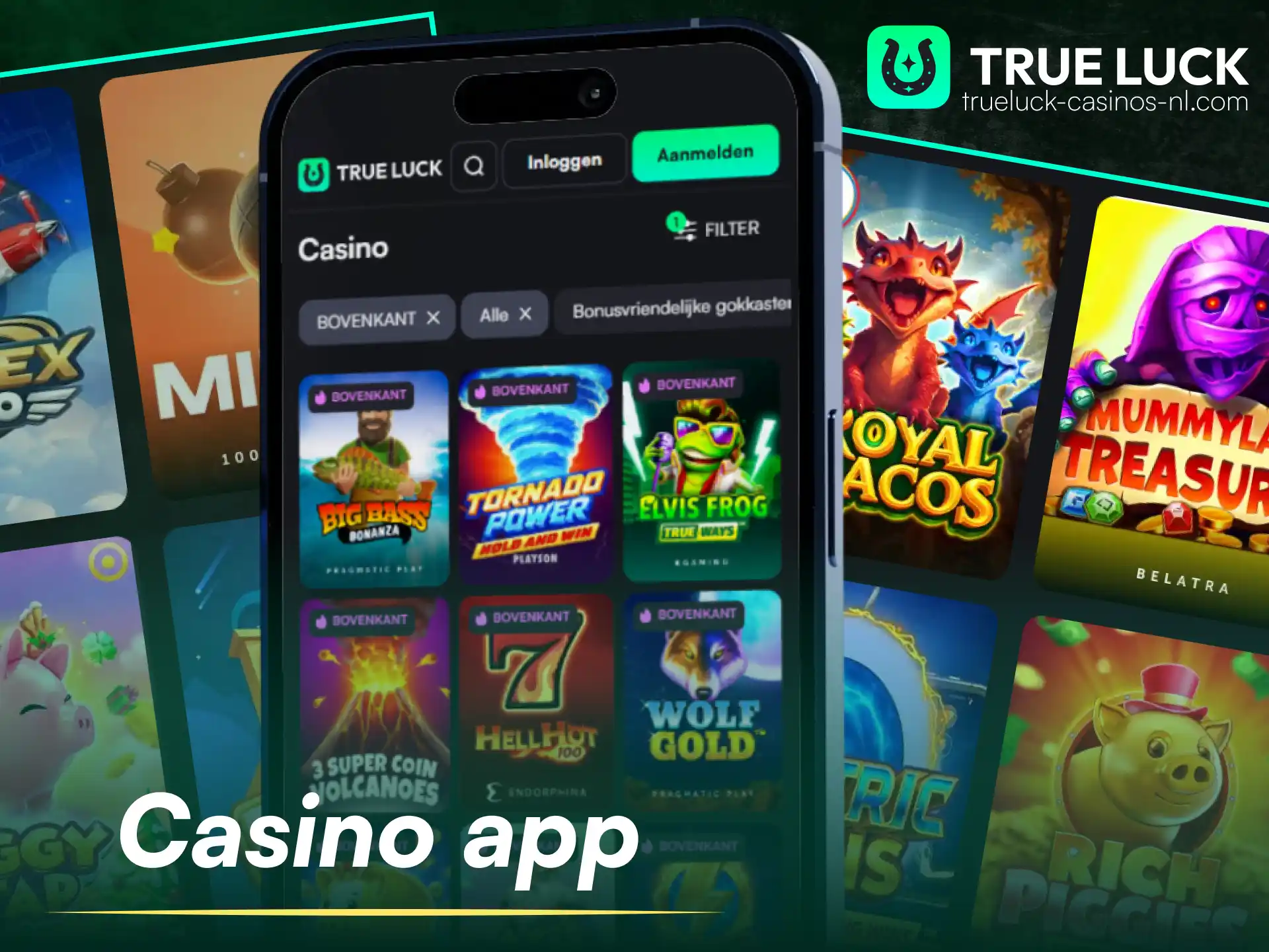 Speel slots en live dealer spellen in de mobiele TrueLuck casino-app.