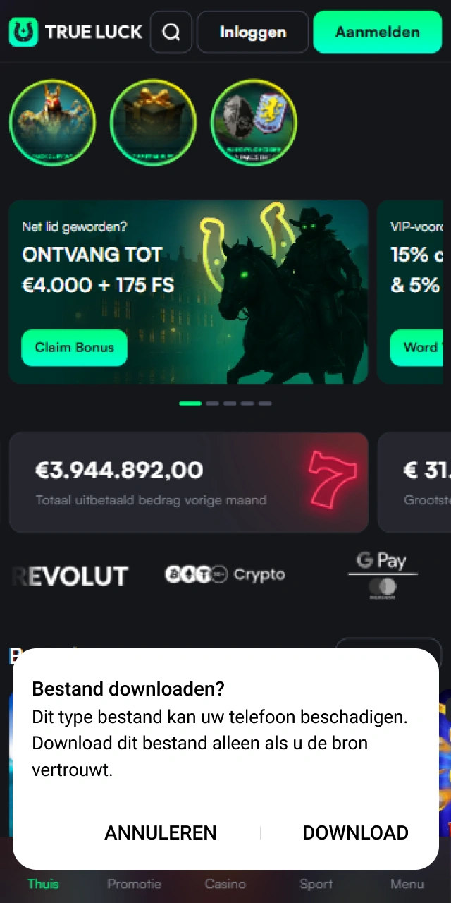 Accepteer de systeemmelding om door te gaan met het downloaden van de officiële TrueLuck-app.