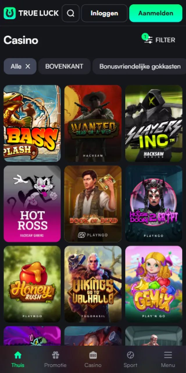 Blader door de brede collectie casinospellen in de TrueLuck-app.