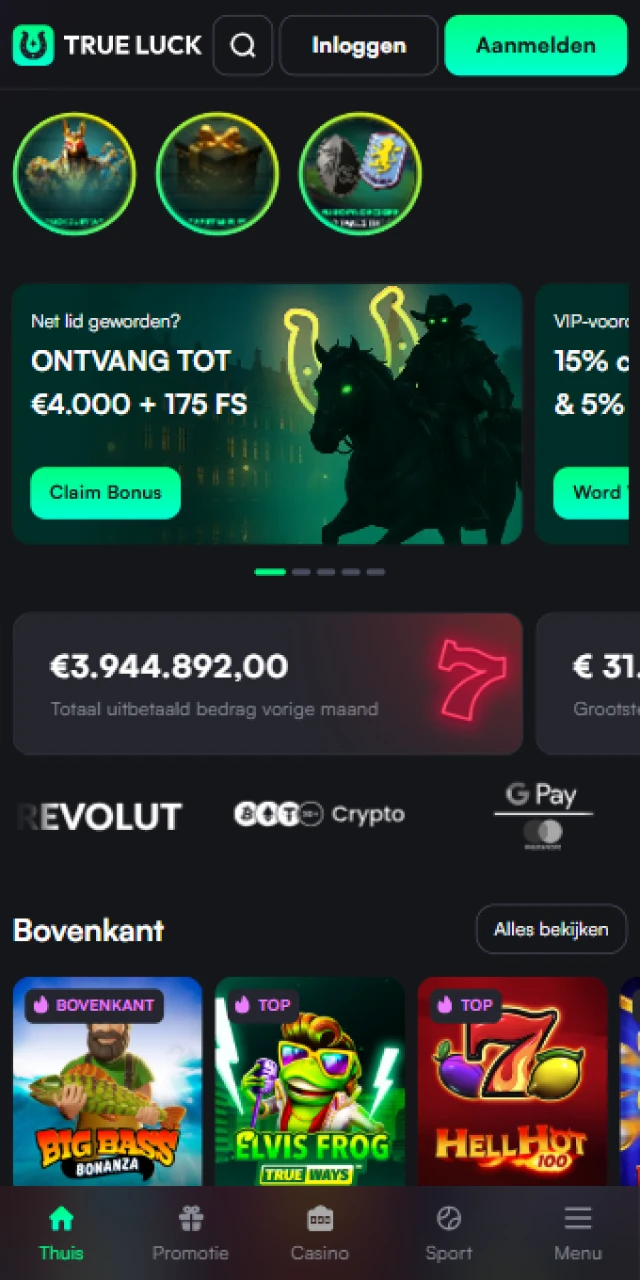 Bekijk het hoofdscherm van de officiële TrueLuck-app.