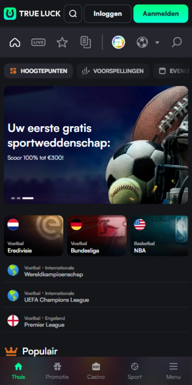 Bekijk de beschikbare sportmarkten en odds in de TrueLuck-app.