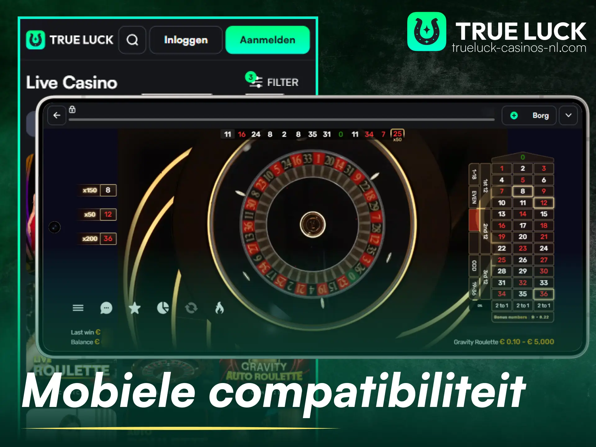 Ervaar volledige mobiele compatibiliteit en speel met live dealers onderweg via de TrueLuck-website.