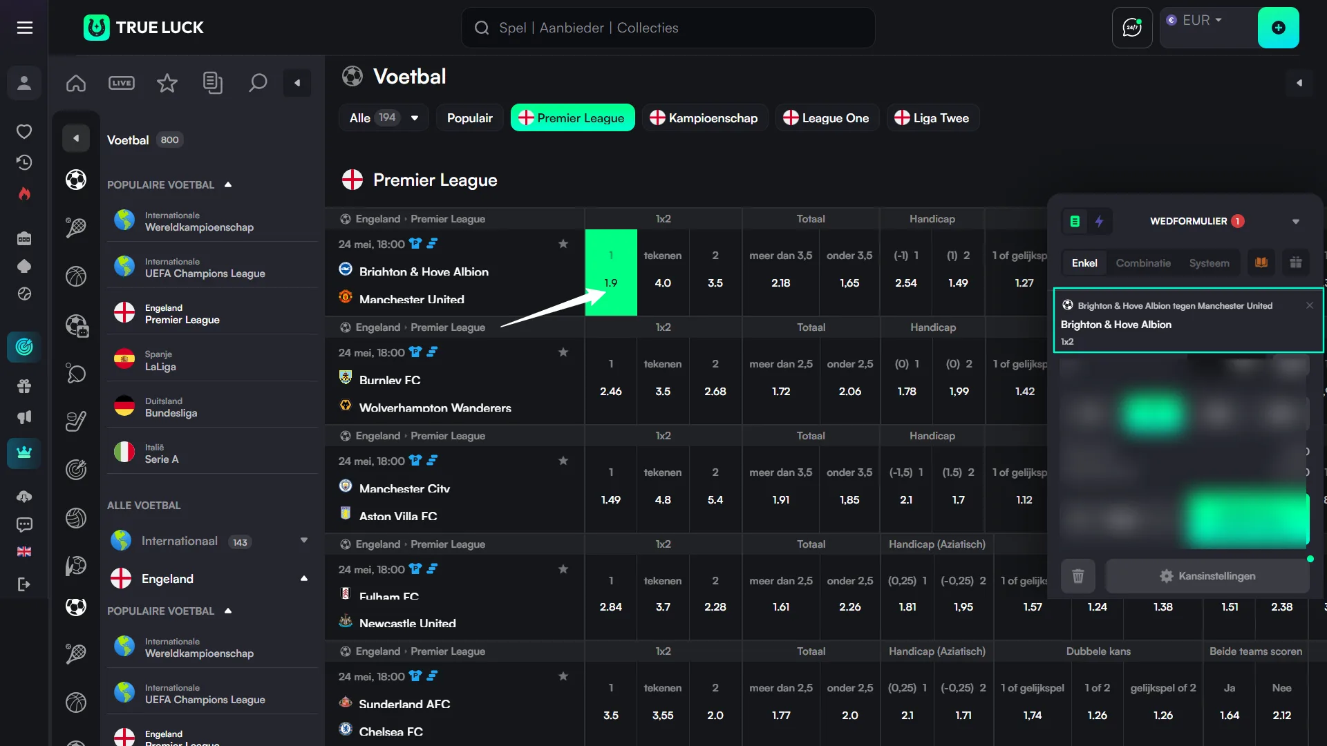 Voeg je favoriete sportselectie toe aan je betslip op de TrueLuck-website.