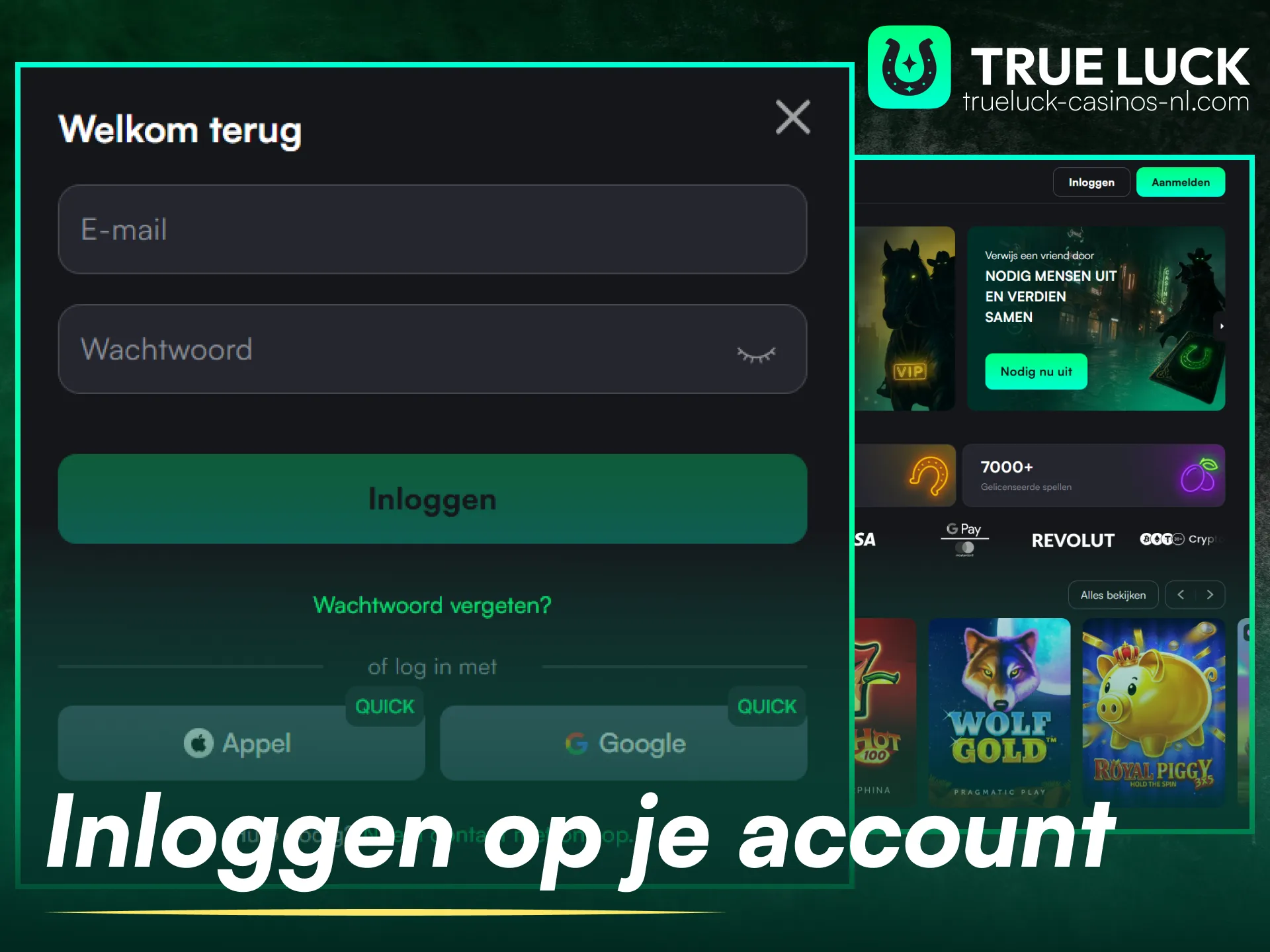 Log snel en veilig in op je TrueLuck accountdashboard.