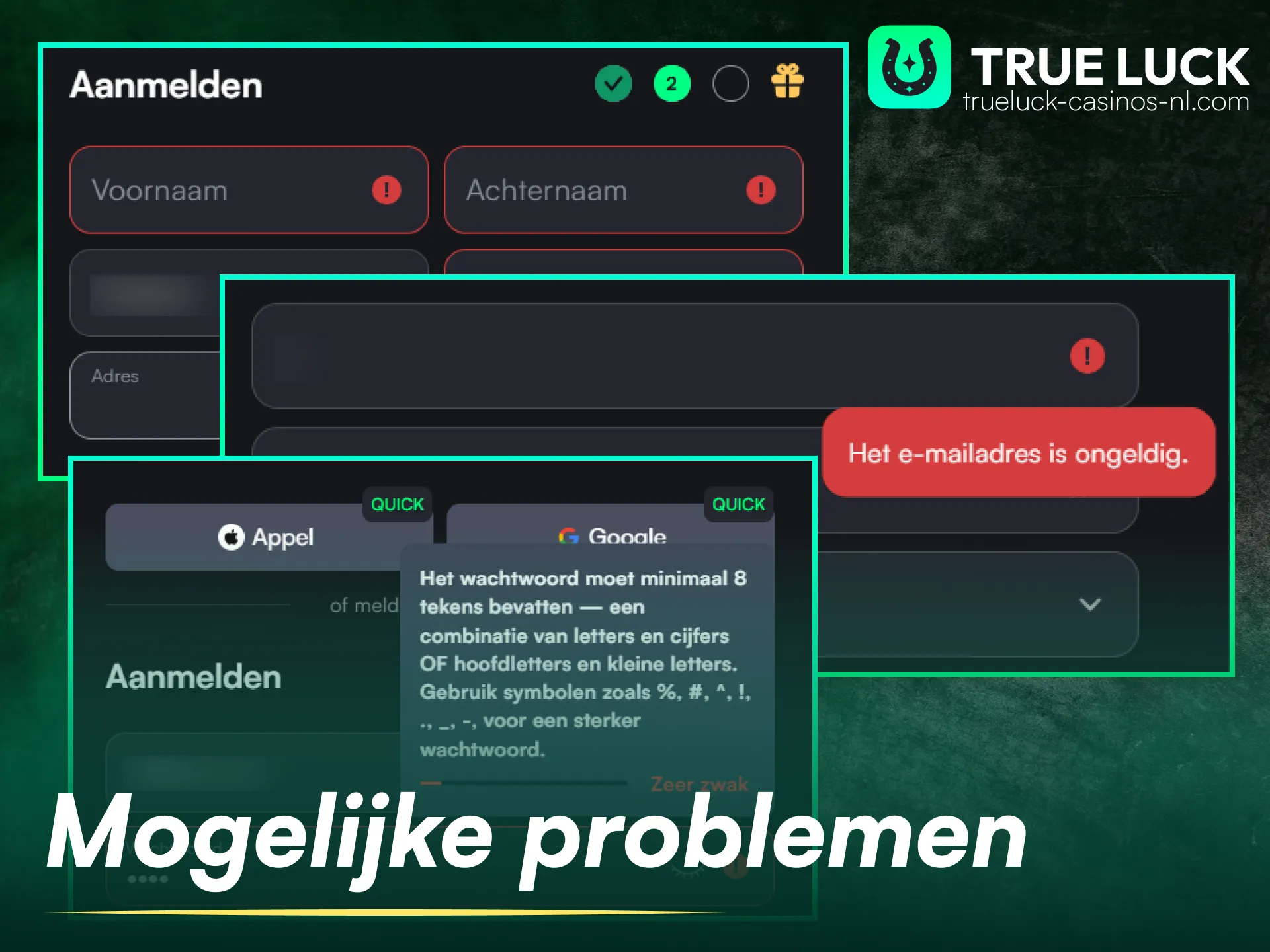 Los eventuele problemen op bij het aanmaken van een account op de TrueLuck-website.