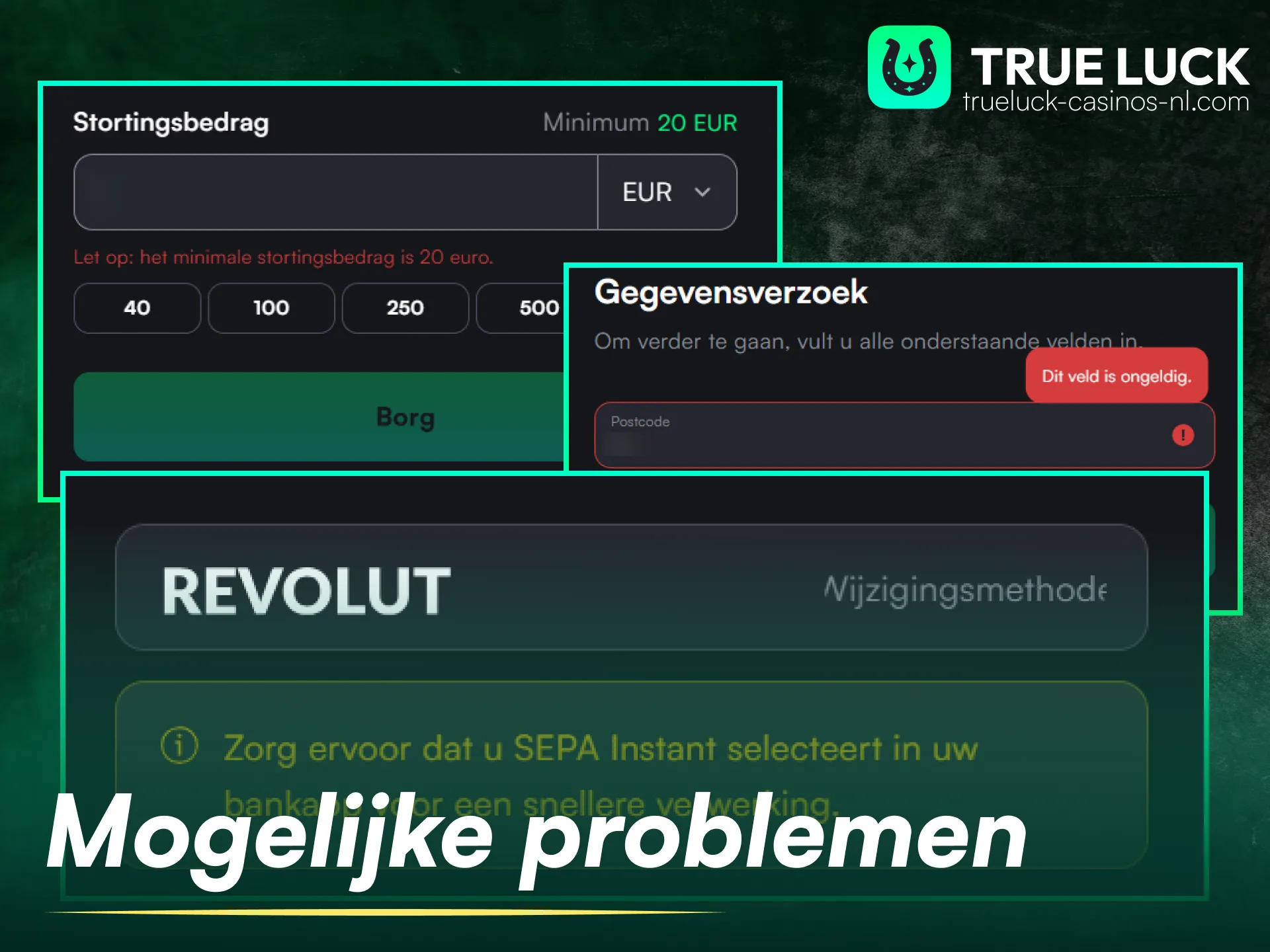 Bekijk de oplossingen voor mogelijke problemen bij stortingen op de TrueLuck-website.
